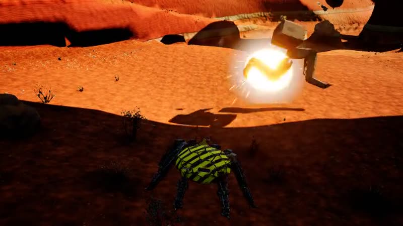 A walker mech bursting into a fireball with its legs thrown clear, while a hazard-striped spider watches from the shade.