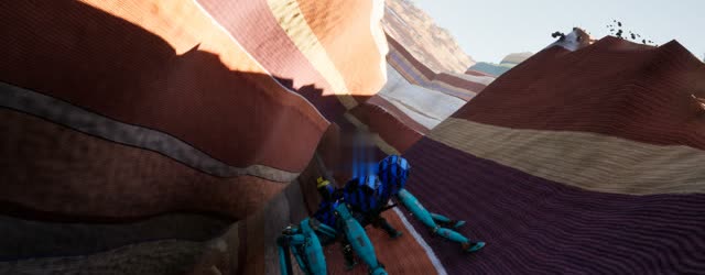 A teal and blue spider mech climbing a steep wall of striped canyon rock.