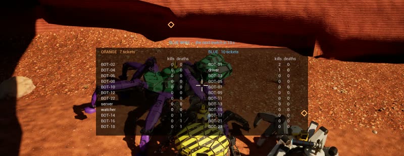 The end of a team match in the canyon: a Blue Wins banner over a scoreboard of both teams' tickets, players and bots, with mechs fighting behind it.