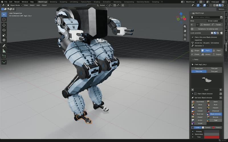 The mech editor: a two-legged walker with one foot selected, and a panel of paint palettes for that single part.
